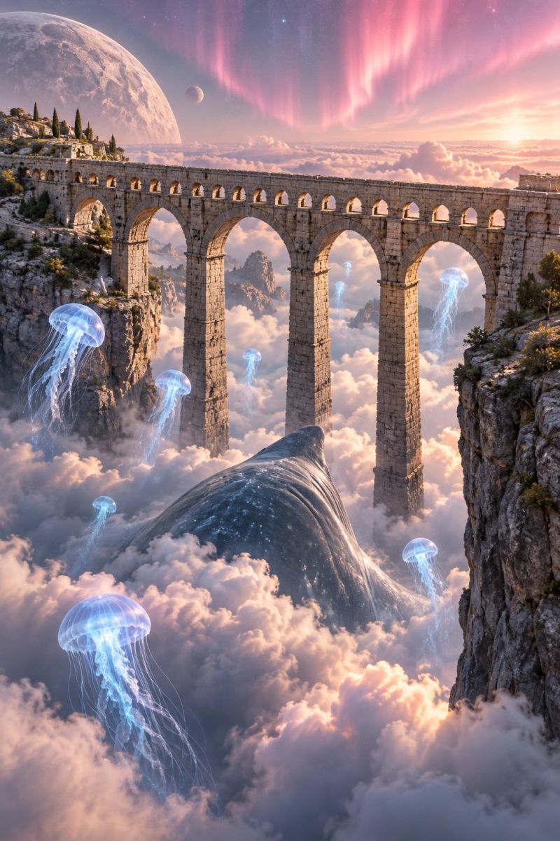 Pont architecture fantaisie nuages meduse montagne rocher ciel eau vagues cascade ocean mer marin paysage surréaliste avec un grand pont de pierre suspendu dans le ciel, soutenu par de hautes arches. Le pont est orné de méduses rougeoyantes qui flottent autour de lui. Sous le pont, une grande formation rocheuse en forme de baleine émerge des nuages. Le ciel est un mélange de teintes roses et bleues, avec une grosse lune et une planète lointaine visibles. La scène se déroule sur fond de couleurs vives et surnaturelles, créant une atmosphère onirique.