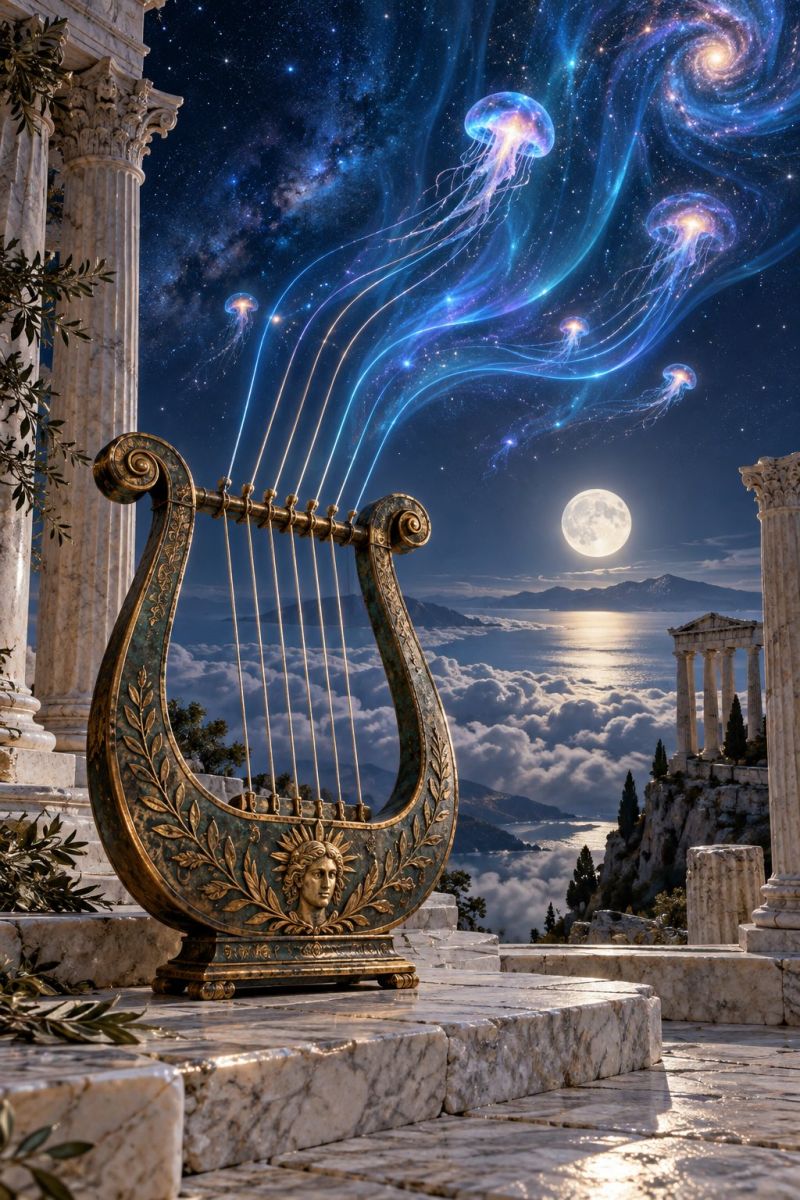 Lyre ancient sculpture classical architecture greek temple mythology god goddess In the foreground, there is a large, ornate lyre, a type of ancient stringed instrument, resting on a marble platform. The lyre is intricately designed with golden accents and a face of a man in the center. Behind the lyre, there are two large marble columns with decorative carvings. To the left of the lyre, there is a tree with green leaves. The sky is a deep blue, filled with stars and a full moon. There are also several jellyfish floating in the sky, their bodies glowing with a blue light. The background features a serene landscape with a body of water, mountains, and clouds.