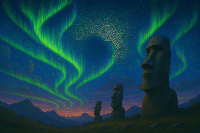 Statue night sky mountain aurora stone sculpture ancient pattern design geometric colorful glow ethereal fantasy imagination In the foreground, three large stone statues with flat faces and no bodies stand on a grassy hill. The statues are facing different directions. Behind them, the sky is a deep blue with vibrant green and purple auroras dancing across it. The auroras form intricate patterns that seem to overlap with a hexagonal design. The background features a silhouette of mountains under a setting sun, casting a warm orange glow across the scene.
