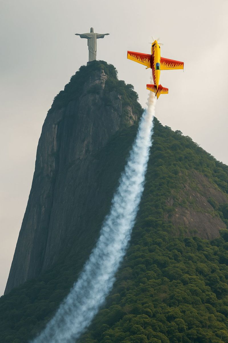 Airplane mountain sky smoke trail flight jet wing cloud rock scenery sceneryair scenerynature sceneryoutdoor sceneryscene scenerysky scenerytravel sce a vibrant yellow and red airplane is performing an aerial maneuver, leaving a trail of white smoke behind it. The airplane is flying close to a large, rocky mountain with a steep, rugged surface. At the peak of the mountain, there is a large statue of Jesus Christ, known as the Christ the Redeemer statue, with its arms outstretched. The sky is overcast, and the scene is set against a  of lush, green trees and foliage.