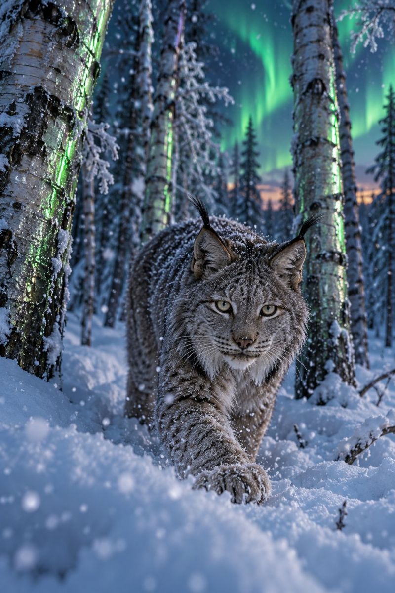 Lynx snow forest wildlife night trees animal nature wild feline snowy cold hunting predator winter aurora borealis northern In a snowy forest, a lynx is walking through the snow, its fur covered in snow. The lynx has a serious expression and is looking to the right. Behind the lynx, there are tall trees with snow on their branches. The sky is dark, and there are green lights in the distance, possibly from the aurora borealis. The ground is covered in snow, and there are some small branches and twigs on the ground.