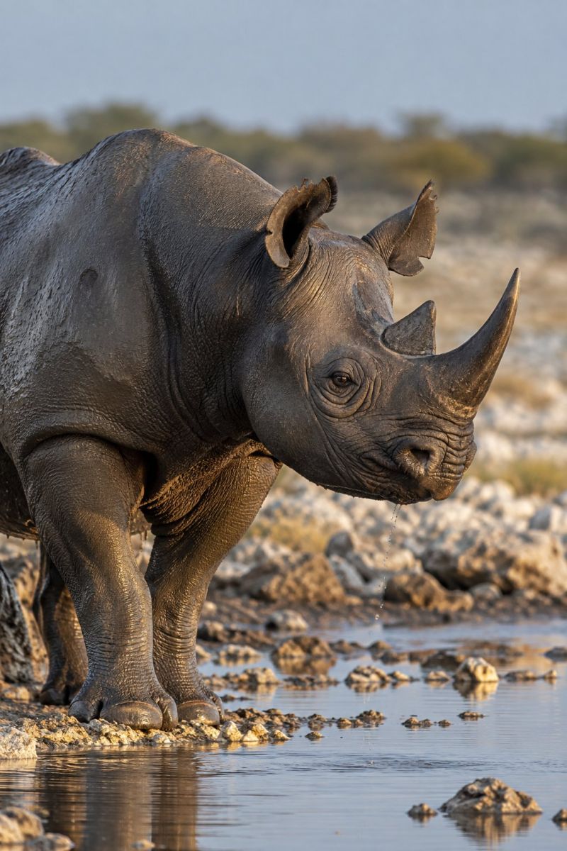 Rhinoceros wildlife nature animal mammal endangered conservation outdoors sanctuary reserve protection A rhinoceros stands at the edge of a waterhole, its body covered in mud and dust. The rhino has a large, curved horn on its nose and a thick, wrinkled skin. It is looking to the right, possibly sniffing the air or looking for something. The water is calm, and there are rocks and small stones around the waterhole. In the distance, there are trees and bushes, and the sky is clear and blue.