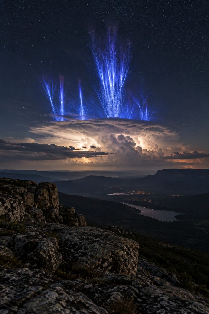 Night sky cloud lightning storm weather dark mountain rock hill water lake town city reflection atmosphere nature The image captures a dramatic night sky filled with a large, towering cumulonimbus cloud. The cloud is illuminated by a series of bright, blue lightning bolts that shoot upwards from its top, creating a striking contrast against the dark sky. The lightning bolts are sharply defined, with a bluish hue that contrasts with the darker clouds below. The sky is dotted with stars, adding to the night's serene yet intense atmosphere. Below the cloud, a mountainous landscape is visible, with a river winding through the valley. The river reflects the light from the lightning, creating a shimmering effect. In the distance, a town or city is faintly visible, with lights dotting the landscape, suggesting the presence of human habitation. The overall scene is one of natural power and beauty, with the lightning bolts serving as a dramatic focal point.