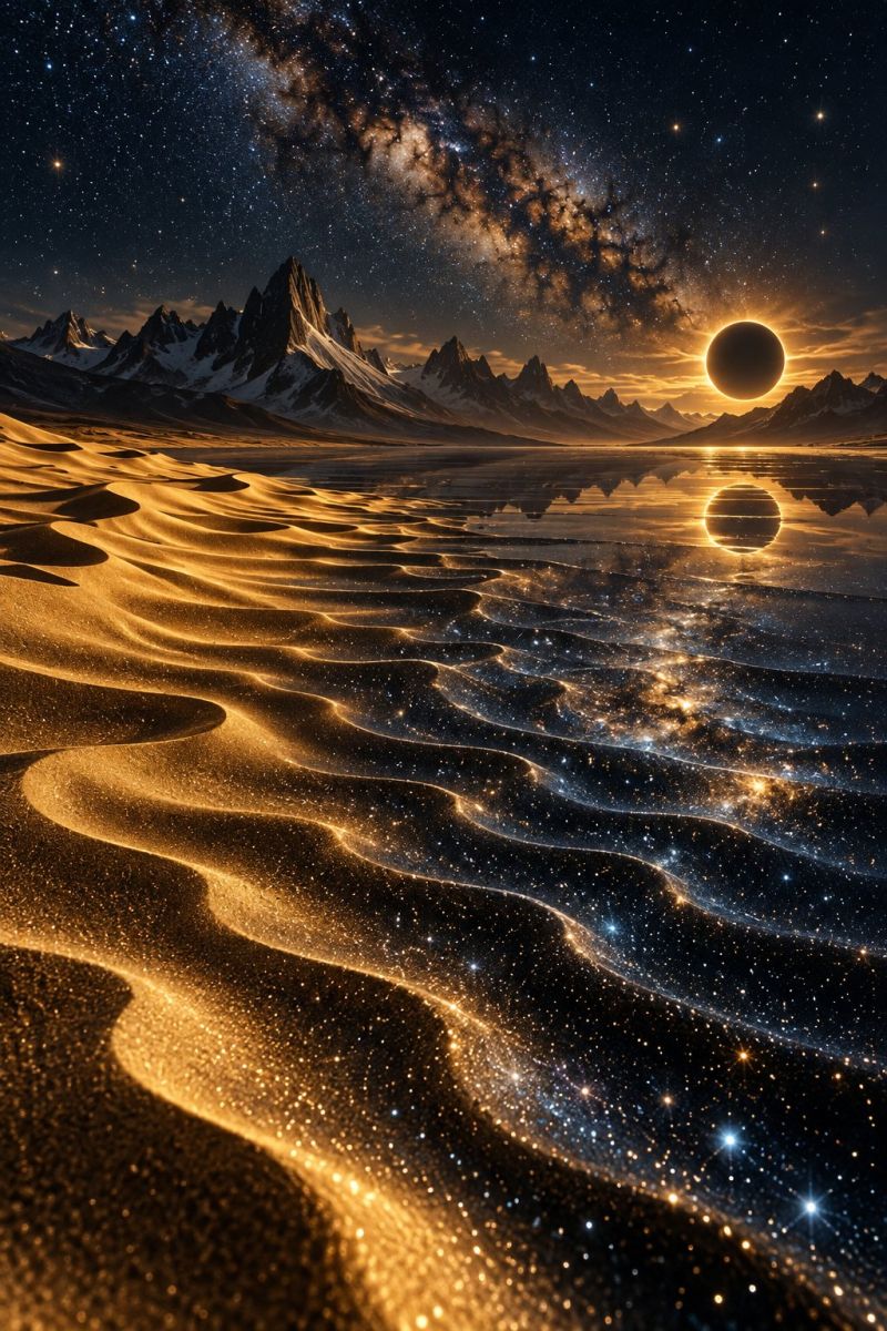 Night sky stars mountain sand water reflection dark space universe galaxy eclipse astronomy cosmic celestial cosmology outer starry A vast desert landscape under a night sky filled with stars and a glowing Milky Way. The horizon is lined with jagged mountain peaks, some of which are snow-capped. The sun is partially eclipsed, casting a dramatic shadow over the dunes. The dunes themselves are golden and rippled, reflecting the celestial bodies above. The water in the foreground mirrors the sky and mountains, creating a serene and otherworldly scene.