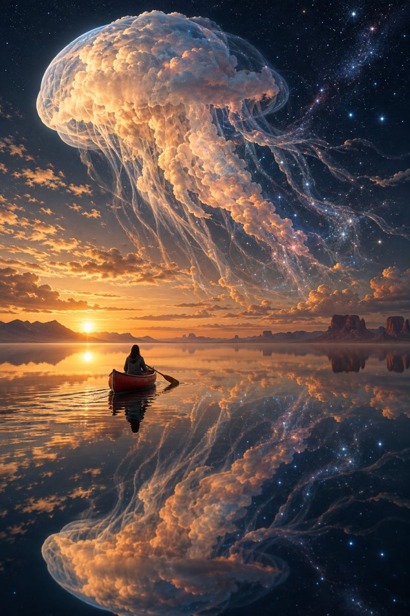 Given terms into canoe canoeing kayak canoeist canoeiste canoeists canoeistes these should cover different forms contexts which might Une scène sereine dépeint une personne dans un canoë rouge pagayant sur un lac calme sous un ciel rempli de nuages et d'étoiles. Le ciel est un mélange de teintes orange et bleu, suggérant soit un coucher de soleil, soit un lever de soleil. Au-dessus de l'eau, un nuage géant ressemblant à une méduse flotte, sa forme translucide éclairée par le soleil couchant. Le reflet du nuage et de la personne dans l'eau ajoute à l'atmosphère tranquille. Au loin, les silhouettes de montagnes et un paysage rocheux sont visibles, renforçant le sentiment d'isolement et de paix.