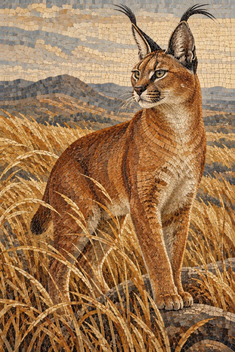 Caracal mosaique faune animal felin sauvage nature chat herbe montagne ciel texture oeuvre d'art en mosaïque représentant un caracal, un chat sauvage, debout dans un champ d'herbes hautes. La mosaïque est composée de petits carreaux placés de manière complexe qui créent une représentation détaillée et réaliste de l'animal. Le caracal a un pelage brun clair avec un ventre blanc et ses oreilles sont pointues et dressées. Le fond de la mosaïque représente un paysage de montagnes et de ciel, également composé de carreaux de différentes nuances de brun, de beige et de bleu. L'effet global est une représentation vibrante et texturée du caracal dans son habitat naturel.