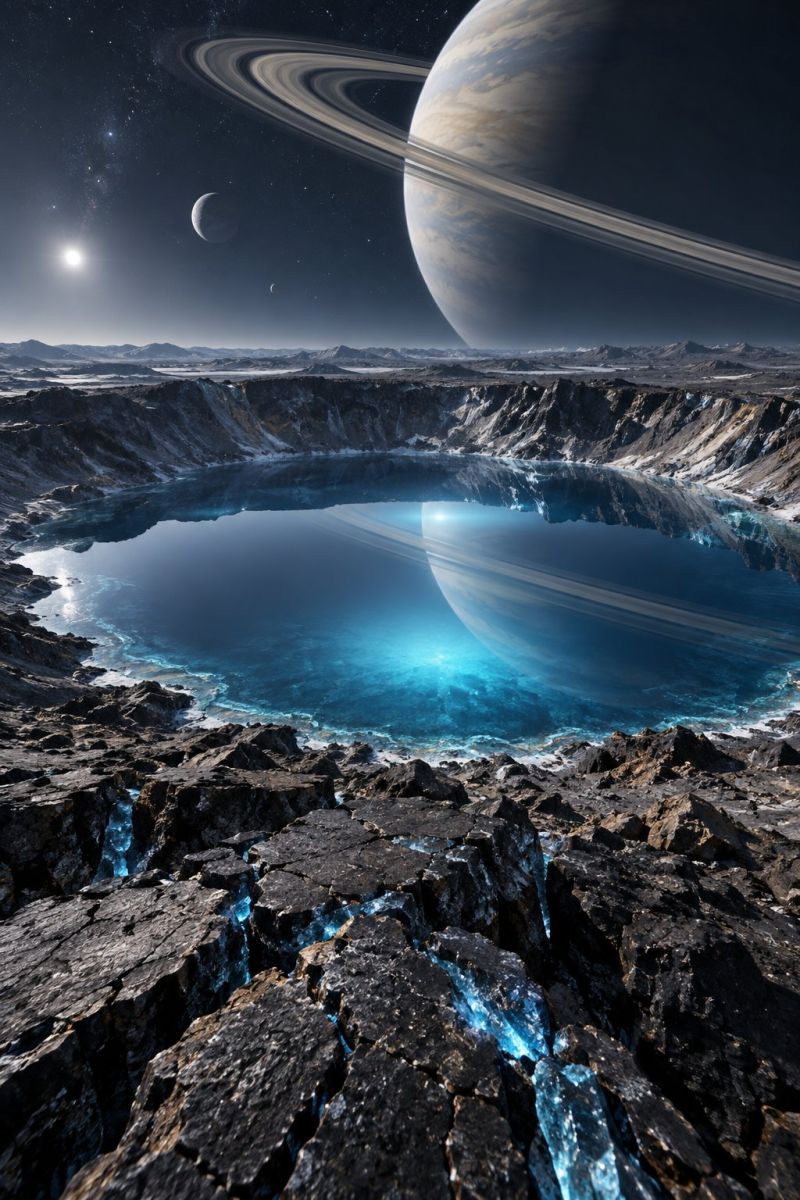Planet lake water rock space moon sky night star universe astronomy cosmos celestial galaxy starry planetary exploration outer solar system vast, rocky landscape with a large, circular body of water at its center. The water is a deep blue color and reflects the celestial bodies above. In the background, a large planet with prominent rings is visible, accompanied by a smaller moon and other celestial objects. The sky is dark, with stars and a bright light source, possibly a sun or a distant star, illuminating the scene. The rocky terrain is rugged and uneven, with some areas showing signs of erosion or wear. The overall atmosphere is serene and otherworldly, evoking a sense of exploration and discovery.