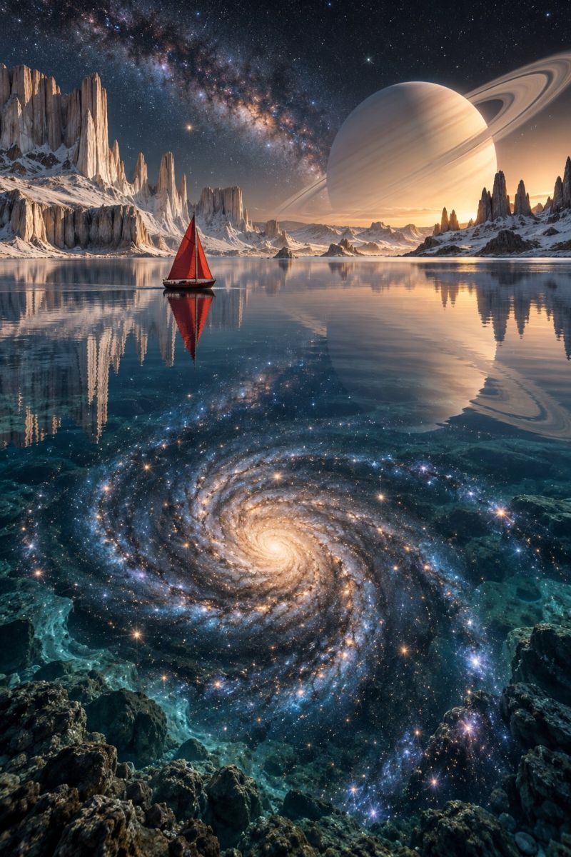 Space universe galaxy planet astronomy cosmos star celestial cosmic astrophysics night sky outer starry exploration In the foreground, a small sailboat with a red sail floats on a serene body of water. The water is calm and reflects the sky and surrounding landscape. The sky is a deep blue, filled with stars and a prominent Milky Way galaxy. To the left, there are jagged, snow-capped mountains under a clear, starry sky. To the right, a large planet with rings, resembling Saturn, is visible. The planet is surrounded by a warm, golden glow, possibly from a setting sun. The overall scene combines elements of a peaceful, earthly landscape with the vastness and wonder of space.