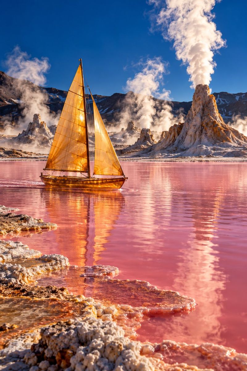 Boat water lake sky mountain steam rock reflection sail sun sunlight sunrise sunset sea ocean nature travel adventure exploration A sailboat with a golden sail is sailing on a pinkish lake. The lake has a reflection of the sailboat and the sky. The lake is surrounded by rocky formations and mountains. The mountains have some smoke coming out of them. The sky is blue and clear.