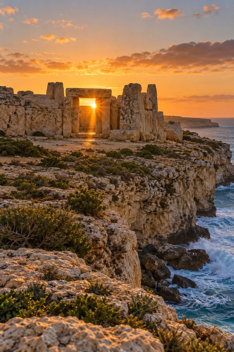 Ancien architecture archeologie plage batiment falaise cote culture aube desert destination histoire mediterranee monument nature air ruines coucher Au coucher du soleil, une grande structure en pierre se dresse sur une falaise rocheuse surplombant l'océan. La structure, qui ressemble à un ancien temple, est composée de plusieurs grands piliers de pierre et d'une arche centrale. Les rayons du soleil brillent à travers l'arcade, projetant une lueur chaleureuse sur les pierres et les environs. La falaise est accidentée avec une végétation clairsemée, et l'océan en contrebas est calme avec de douces vagues. Le ciel est un mélange de teintes orange et rose, indiquant le soleil couchant.
