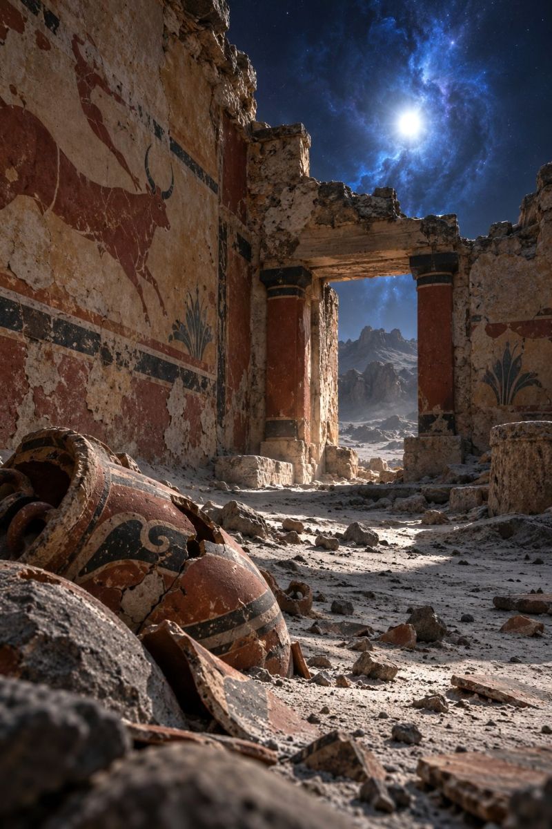 Ruins ancient architecture history desert night sky moon stars galaxy wall painting the ruins of an ancient structure, possibly a temple or a palace, set against a back of a starry night sky. The ruins are partially collapsed, with remnants of walls and columns still standing. One of the walls features faded frescoes, including a depiction of a human figure chasing a bull, showcasing ancient artistic styles. The ground is littered with broken pottery, stones, and debris, indicating the passage of time and the decay of the structure. The sky is illuminated by a bright moon and stars, with a faint nebula visible in the distance, adding a mystical and timeless quality to the scene.