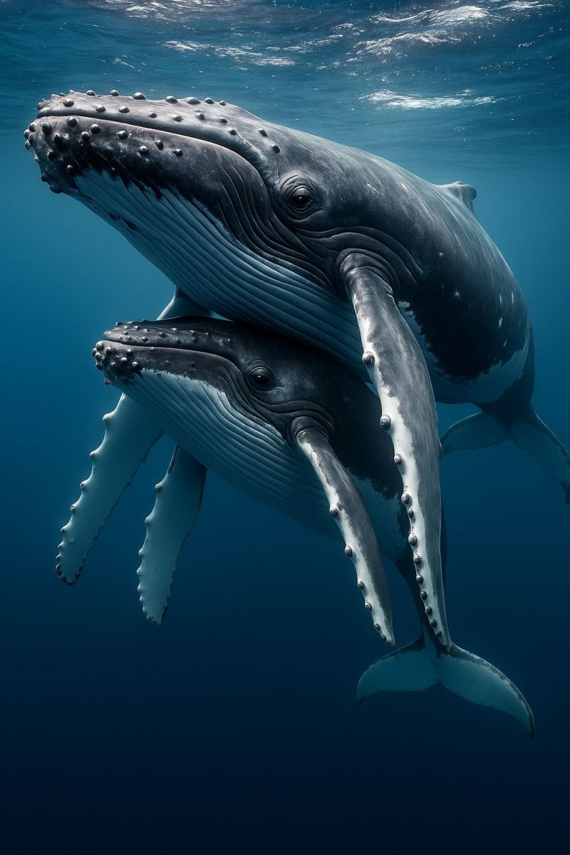 Baleine ocean marin nage sous nature animal mammifere veau parent protection amour mere bebe faune aquatique danger conservation Deux baleines à bosse nagent dans l'océan. La baleine plus grande, qui est la mère, est positionnée au-dessus de la baleine plus petite, qui est le veau. La baleine mère a un corps large et incurvé avec un motif distinctif de bosses sur sa tête. Le veau est positionné sous la mère, avec sa tête et une partie de son corps visibles. Les deux baleines ont de longues nageoires pectorales incurvées et une grande nageoire caudale triangulaire. L'eau autour d'elles est claire et bleue, avec la lumière du soleil filtrant à travers.