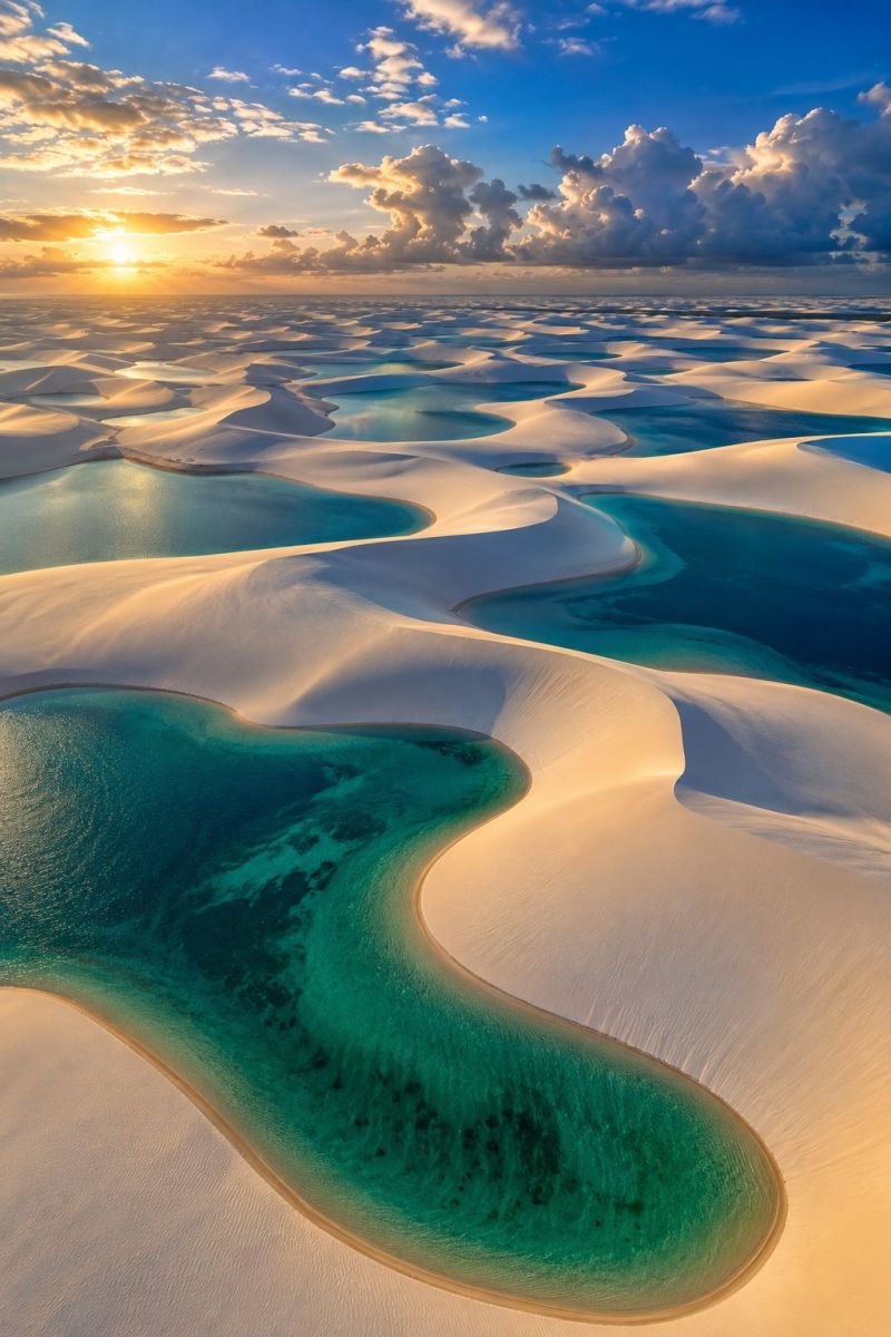 Aerial beach blue brazil cloud clouds desert dunes earth environment geology lens lensflare nature reflection sand sunset water flare vast desert landscape with a striking contrast between the sandy dunes and the clear, blue waters of the lagoons. The dunes are large, white, and rippled, creating a wavy pattern across the desert floor. The lagoons are scattered throughout the dunes, filled with clear, turquoise water that reflects the blue sky above. The sky is a deep blue with scattered clouds, and the sun is setting on the horizon, casting a warm, golden light over the entire scene. The overall effect is one of serene beauty, with the natural elements of the desert and water creating a harmonious and picturesque landscape.