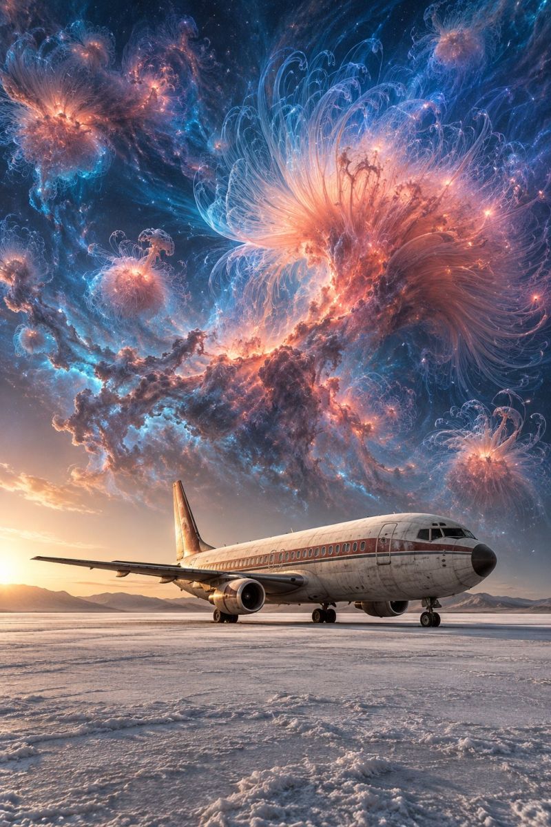 Airplane sky space clouds galaxy universe sunset snow travel aviation cosmic nebula star flight exploration astronomy nature outer An airplane is parked on a snowy runway with a back of a surreal, colorful, and abstract sky. The sky features swirling patterns of blue, pink, and orange hues, resembling a cosmic scene with nebula-like formations. The airplane has a classic design with a red stripe along the side and a white body. The sun is setting in the background, casting a warm glow on the snowy ground and the airplane. The overall scene combines elements of aviation, nature, and fantasy.
