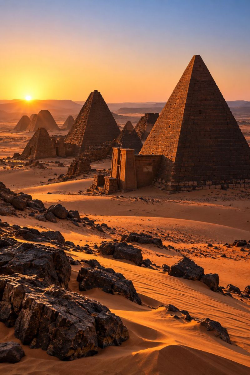 Pyramid desert sunset ancient architecture history egypt monument ruins sand rocks sun sky mountains horizon travel exploration culture golden hour a desert landscape is depicted with several ancient pyramids made of stone. The pyramids are of varying sizes and are set against a back of a setting sun. The sky is a mix of orange and blue hues, indicating the end of the day. The desert is sandy with scattered rocks and dunes. The sun's rays cast long shadows, highlighting the pyramids and the contours of the desert terrain. The scene is serene and timeless, evoking a sense of history and mystery.
