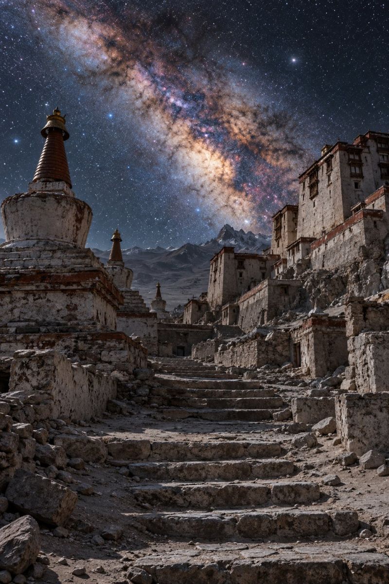 Ancient architecture building city desert destination dust dusty earth exploration heritage historic history inspire inspiration journey mountain outd ighttime scene featuring a series of ancient, weathered stone structures, possibly a monastery or temple, set against a back of a vast, star-filled sky. The sky is dominated by the Milky Way, with its bright, glowing band of stars stretching across the horizon. The foreground shows a set of stone steps leading up to the structures, which are illuminated by the soft light of the stars. The buildings have a rustic, aged appearance, with some parts crumbling and others still intact. In the distance, a silhouette of mountains can be seen, adding to the serene and mystical atmosphere of the scene.