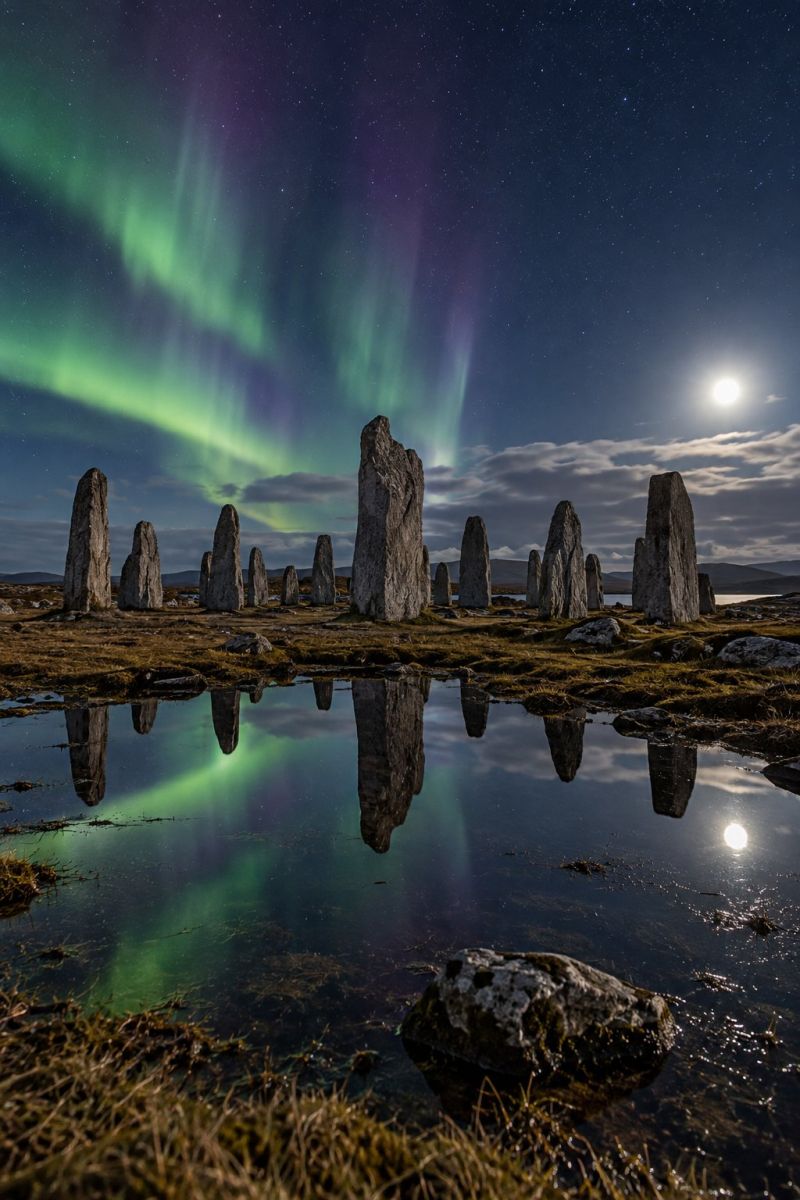 Lune reflet eau rochers herbe nuages etoiles vert violet fonce nature atmosphere aurore boreale nord nuit ciel paysage nocturne avec un groupe de pierres dressées, probablement un monument préhistorique, sur fond d'aurores boréales vibrantes. Le ciel est d'un bleu profond, parsemé d'étoiles, et la lune est pleine et brillante, projetant une douce lueur sur la scène. L'aurore illumine le ciel de nuances de vert et de violet, créant une atmosphère magique et éthérée. Les pierres se reflètent dans un petit plan d'eau, ce qui ajoute à la qualité sereine et mystique de l'image. Le paysage est entouré d'une zone herbeuse et, au loin, il y a des montagnes et un plan d'eau, peut-être une mer ou un lac.