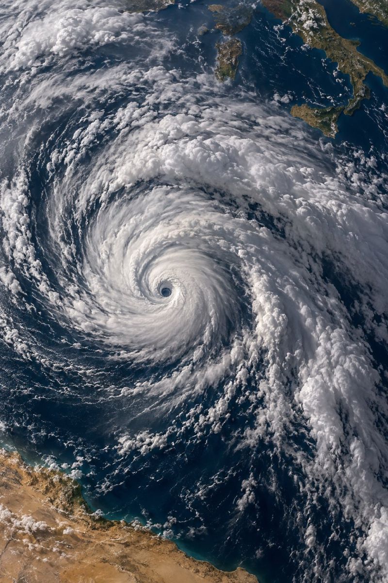 Aerial atmosphere cloud cyclone disaster earth environment formation hurricane land meteorology ocean satellite storm tropical typhoon weather extreme Vaste système de tempêtes tourbillonnantes au milieu de l'océan. La tempête a un oeil distinct, entouré d'un anneau de nuages blancs et duveteux. Les nuages s'enroulent en spirale vers l'extérieur, créant un motif en spirale. L'océan sous la tempête est d'un bleu profond et quelques petites îles sont visibles au loin. Le ciel au-dessus de la tempête est clair et bleu, aucun nuage n'étant visible