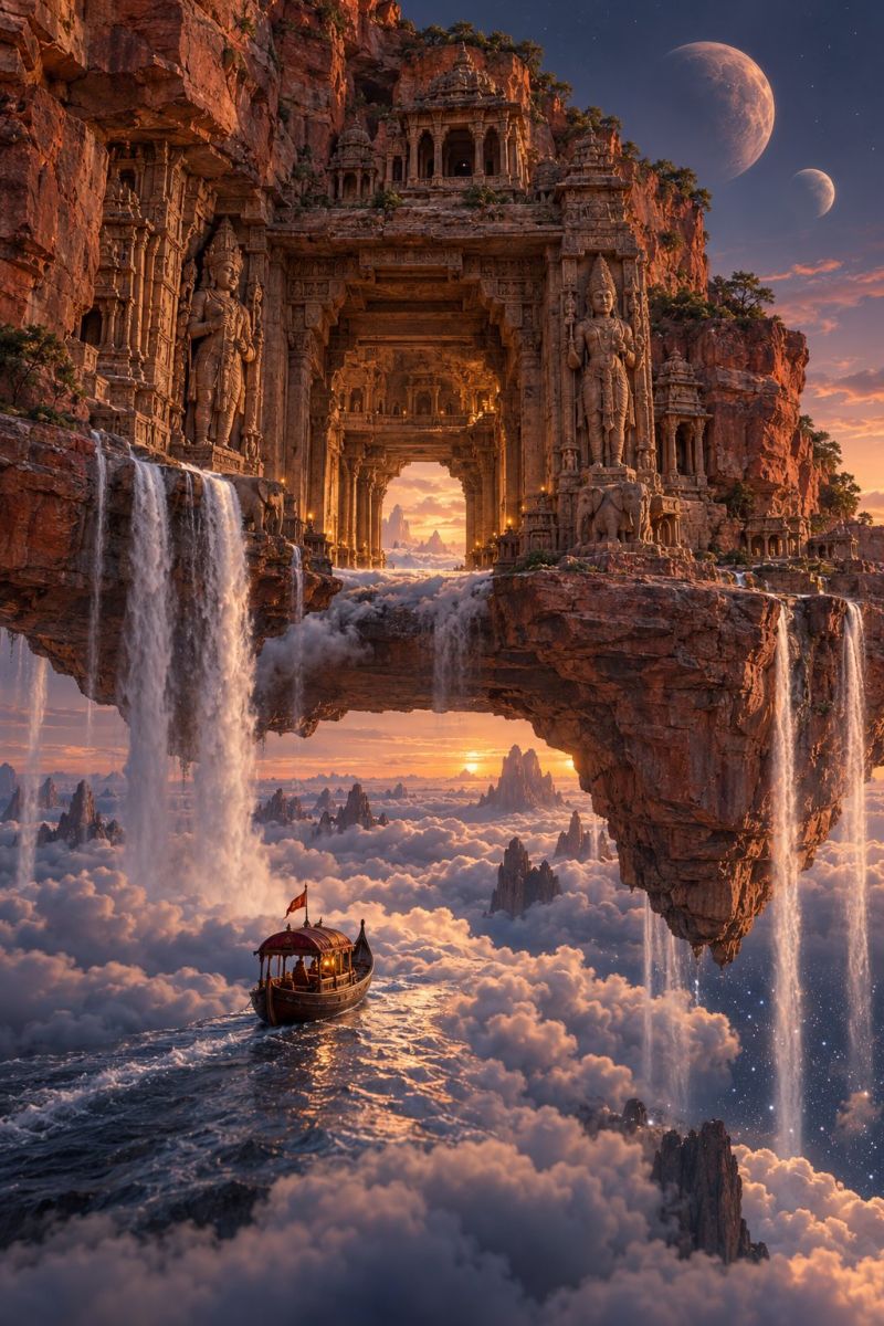 Fantasy architecture bridge waterfall boat clouds mountain sculpture statue temple moon sky night sunset rock water reflection imagination In the foreground, a small boat with a red flag sails through a sea of clouds. The boat is moving towards a grand, ancient stone archway that seems to float above the clouds. The archway is intricately carved with statues and detailed designs, and it is supported by massive stone pillars. Waterfalls cascade from the archway, creating a misty effect as they fall into the clouds below. The sky is a mix of orange and blue hues, indicating either a sunset or sunrise. In the background, there are two large, glowing moons, adding a surreal touch to the scene. The overall atmosphere is mystical and otherworldly.