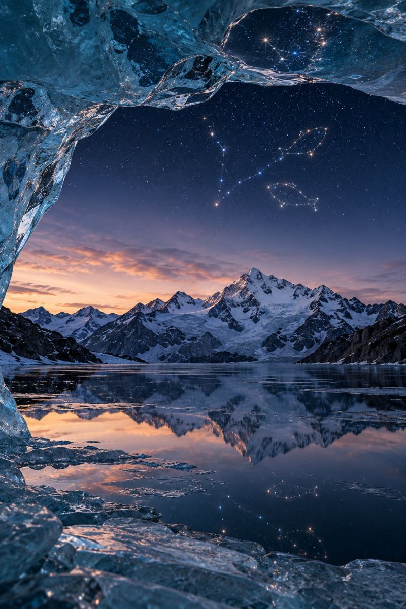Mountains sky night stars reflection lake ice water sunset horizon clouds snow glacier nature outdoors scenery breathtaking view of a mountain range with snow-capped peaks under a starry night sky. The sky is a deep blue, dotted with numerous stars, and there are two prominent constellations of stars visible. The mountains are reflected in a calm body of water, creating a mirror-like effect. The water is dark and still, with a few ice chunks floating on it. The horizon is painted with hues of orange and pink, indicating the setting sun. The scene is framed by a large, clear ice formation that resembles a cave, adding a sense of depth and scale to the landscape.