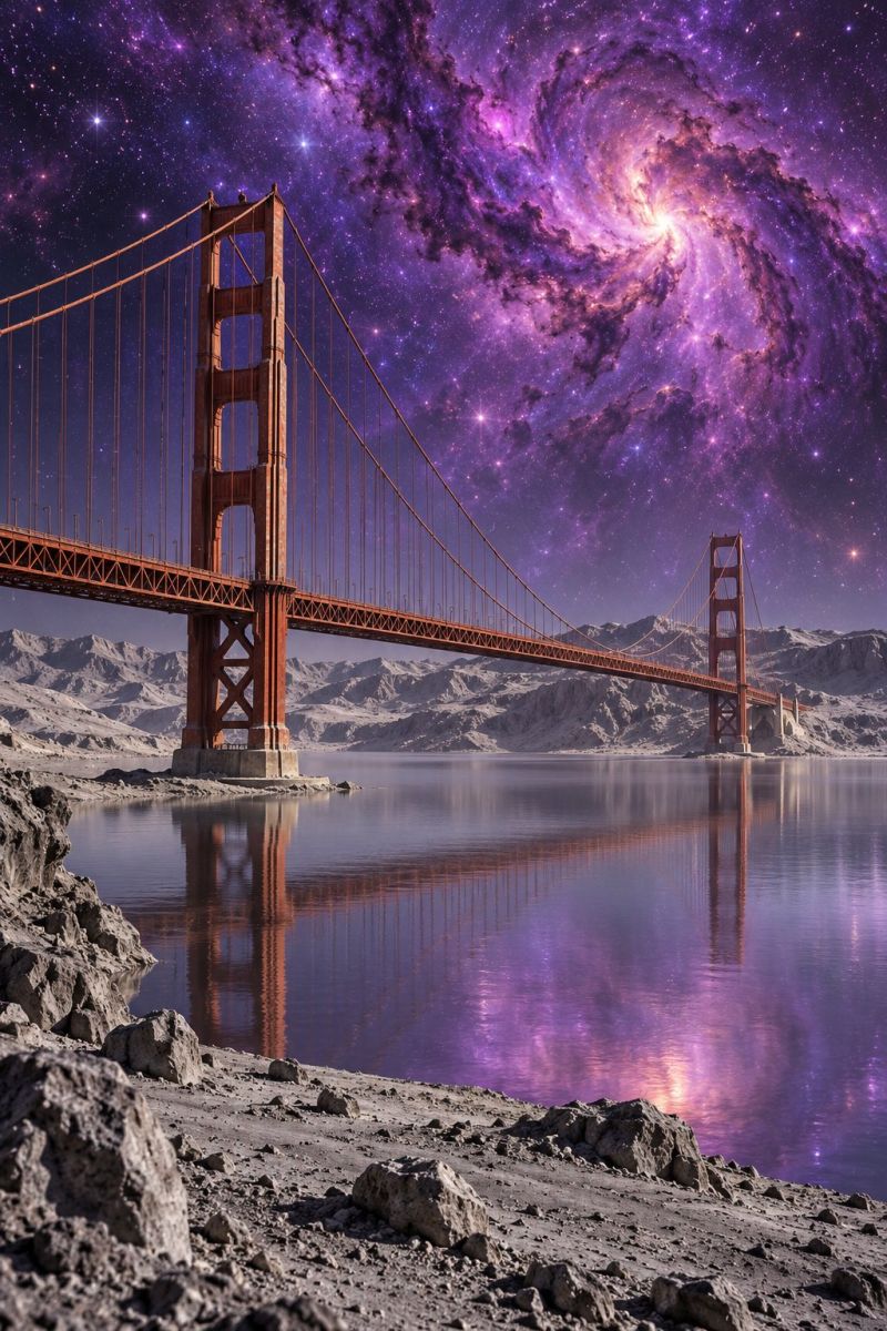 Pont ciel nuit galaxie univers espace astronomie cosmos etoile cosmologie astrophysique celeste astrophotographie exploration Le Golden Gate Bridge se dresse majestueusement sur fond de galaxie violette vibrante. La couleur rouge emblématique du pont contraste fortement avec les violets et les bleus profonds du ciel nocturne. Les câbles du pont sont tendus et entrecroisés, ce qui crée une sensation de force et de stabilité. L'eau sous le pont est calme et réfléchissante, reflétant le pont et le ciel au-dessus. Au loin, une chaîne de montagnes ajoute à la grandeur de la scène. Le ciel est rempli d'étoiles et d'une galaxie tourbillonnante, ce qui ajoute un sentiment d'émerveillement et de mystère à l'image.