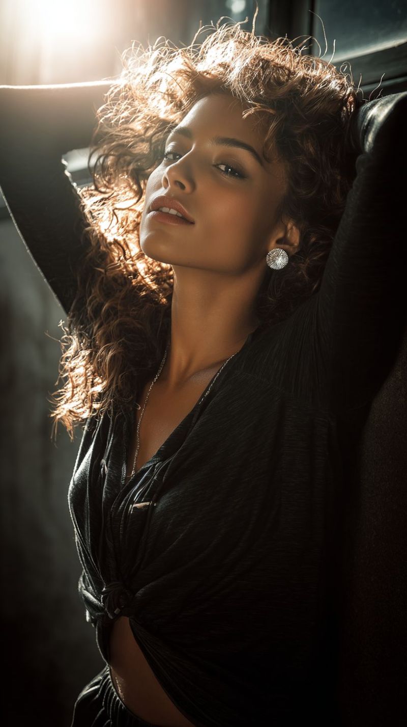 Woman fashion beauty jewelry earrings necklace accessories fashionable elegant chic glamour luxury editorial magazine A woman with curly hair is sitting on a black leather couch, posing for a photo. She is wearing a black top with a knot on the front and a silver necklace. She has a serious expression on her face and is looking to the right. Her hair is messy and falls over her shoulders. She is wearing silver earrings and has a mole on her right shoulder. The background is dark, and there is a bright light coming from the left side.