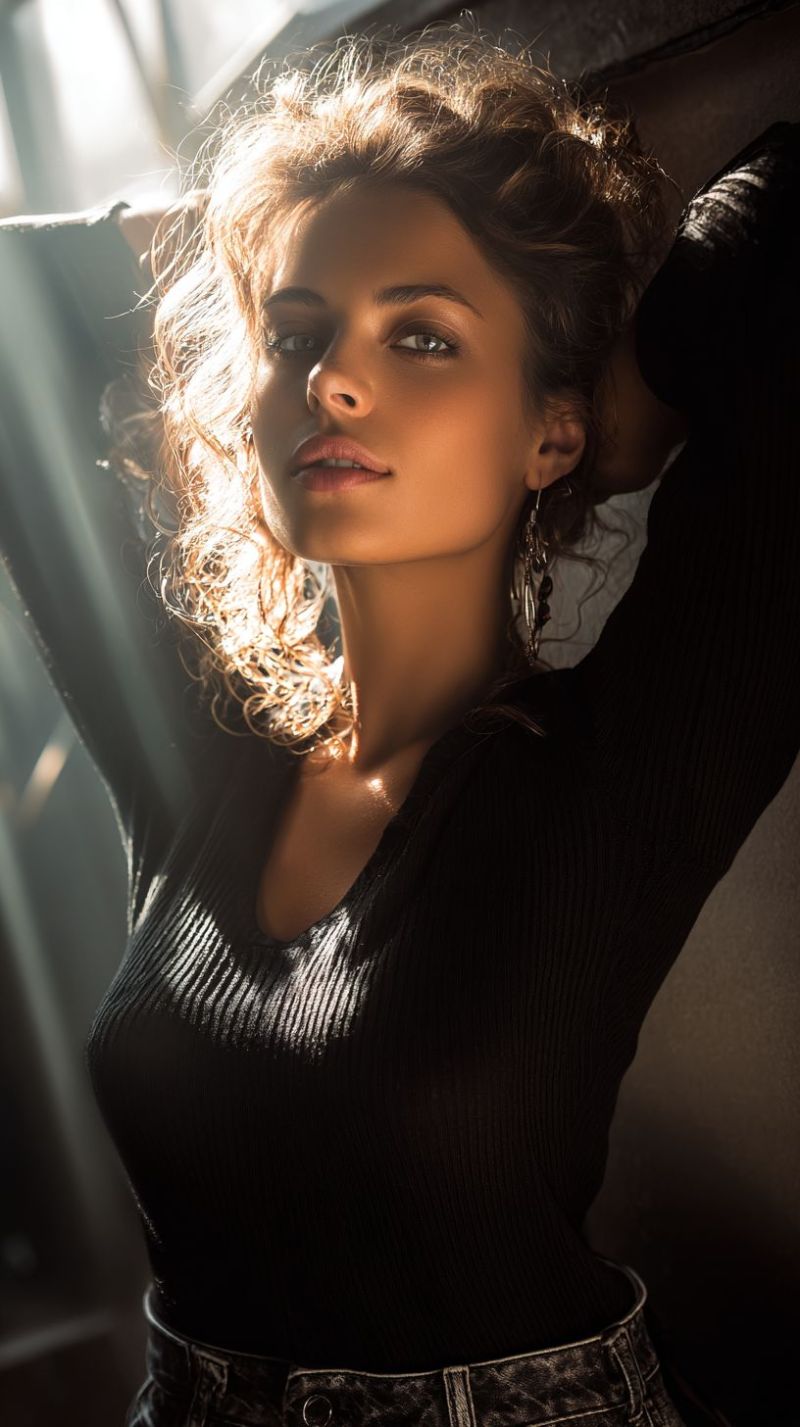 Woman fashion beauty elegant casual chic glamour natural makeup accessories jewelry earrings sunlight shadow A woman with curly, light brown hair is posing for a photo. She is wearing a black long-sleeved top and a belted, patterned skirt. She has her hands on her head, and her hair is illuminated by a light source, possibly from a window. She is looking directly at the camera with a slight smile. The background is dark, and there is a light reflection on her face.