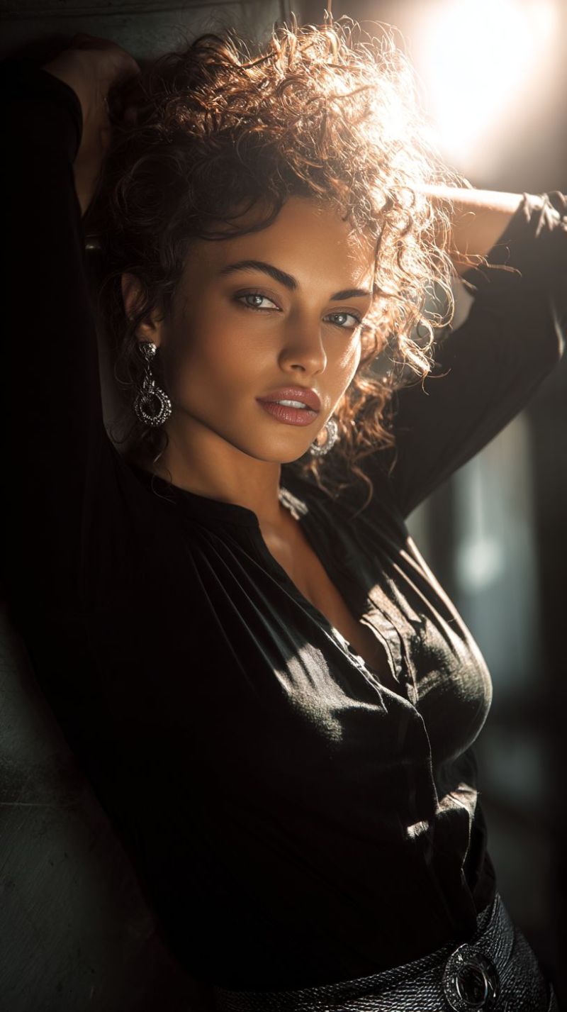 Woman earrings curly shirt blouse clothing outfit dress fabric A woman with curly hair is posing for a photo. She is wearing a black blouse with a slightly open neckline and a black belt. She has her left hand on her head and her right hand on the wall behind her. She is wearing silver earrings and has makeup on, including red lipstick. The light is shining on her face, and the background is blurry.