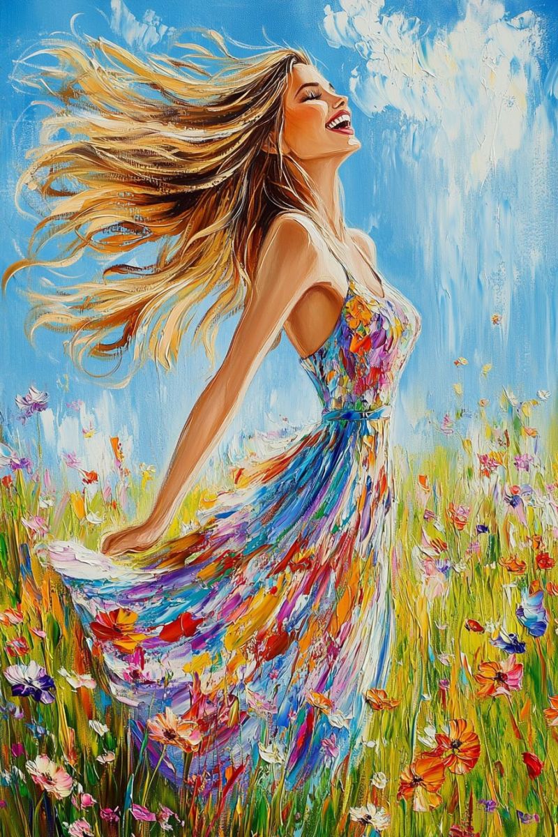 Painting woman dress flowers field paintings A woman with long, wavy blonde hair is standing in a field of colorful flowers. She is wearing a colorful, flowing dress with a white strap on her shoulder. She is looking up with a joyful expression, her mouth slightly open, and her eyes closed. The background is a blue sky with white clouds. The flowers in the field are in various colors, including red, yellow, and white. The painting has a vibrant and lively feel.
