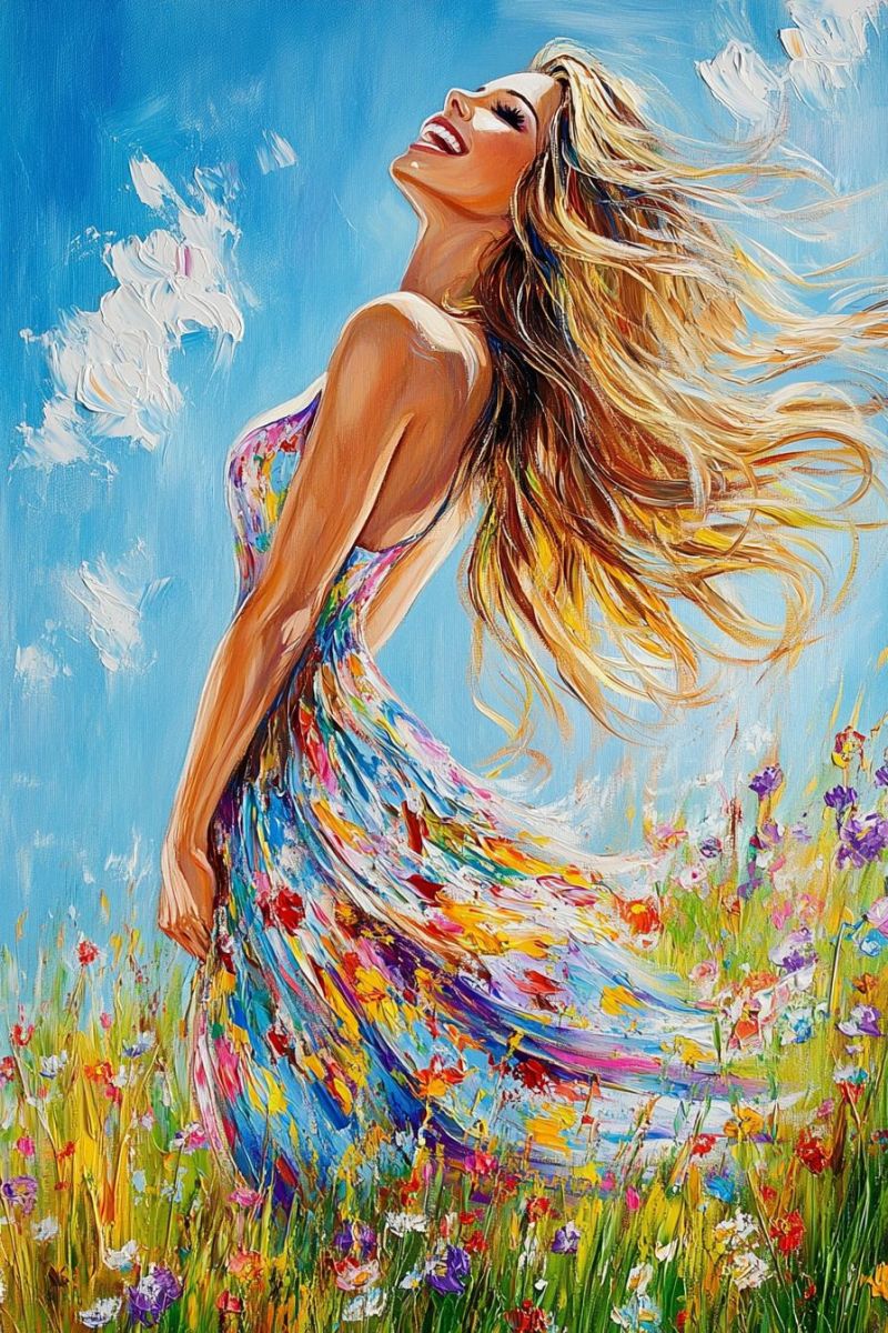 Painting woman dress field flowers hair smile sky clouds beauty colorful impressionism nature freedom oil modern In a vibrant field of wildflowers, a woman stands with her back to the viewer, her long blonde hair flowing freely in the breeze. She wears a colorful, flowing dress that mirrors the hues of the flowers around her. Her face is turned upward, eyes closed, and mouth slightly open, as if she is lost in a moment of joy or contemplation. The background features a bright blue sky with wispy clouds, adding to the serene and uplifting atmosphere of the scene.