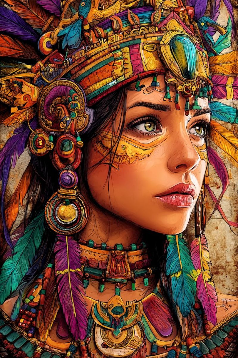 Woman headdress feathers jewelry ancient tribal colorful ethnic culture tradition ritual ceremony beauty fashion accessories ornaments paint A vibrant and detailed illustration of a woman adorned in elaborate, colorful attire. She wears a headdress with feathers and intricate designs, including a large, turquoise gemstone. Her face is painted with yellow and orange designs, and she has striking green eyes. Her hair is styled with feathers and beads, and she wears a necklace with a large, circular pendant. The background is textured, adding depth to the image.