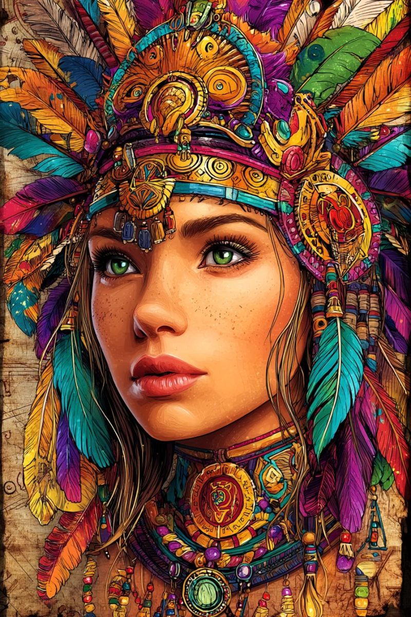 Woman headdress feathers jewelry necklace earrings headband lipstick tribal indigenous colorful fashion accessories eye makeup paint A vibrant and detailed illustration of a woman with a striking headdress. The woman has long, wavy hair that cascades down her shoulders. Her face is adorned with a mix of freckles and makeup, giving her a natural yet striking appearance. Her eyes are a bright green, framed by long, dark lashes. The headdress is a masterpiece of color and design, featuring a mix of feathers in various shades of blue, green, yellow, and red. The feathers are intricately arranged, creating a complex and eye-catching pattern. The headdress also includes decorative elements such as beads and what appears to be a golden sun symbol. The woman's lips are painted in a soft pink, and she has a slight smile on her face. The background is a textured, earthy brown, adding to the overall tribal and cultural vibe of the illustration.