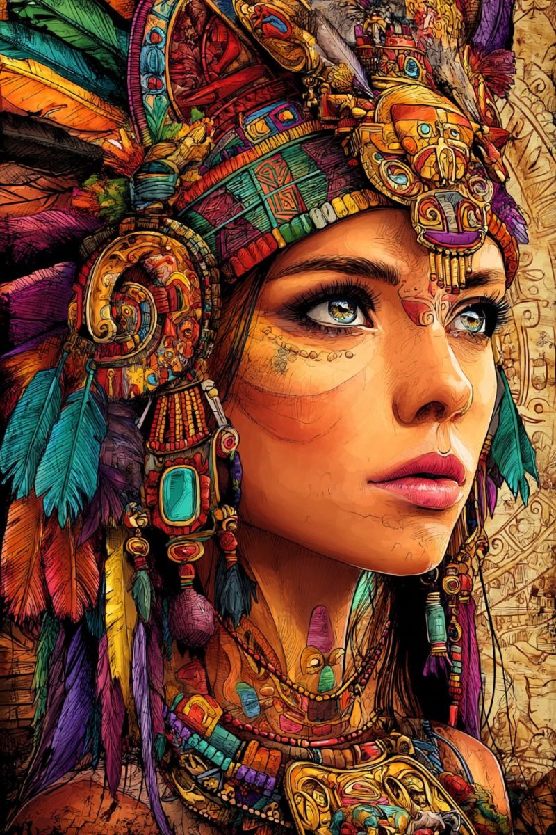 Woman headdress feathers jewelry earrings necklace makeup eyeliner lipstick ancient tribal colorful detailed fashion accessories paint woman with striking facial features and elaborate, colorful attire. She wears a headdress adorned with feathers and intricate designs, including a prominent golden mask-like element. Her face has intricate patterns painted on it, with blue eyes and long, dark hair. She wears a necklace with a large, colorful pendant and earrings that match the headdress. The background is a mix of earthy tones and patterns, possibly representing a cultural or tribal setting.