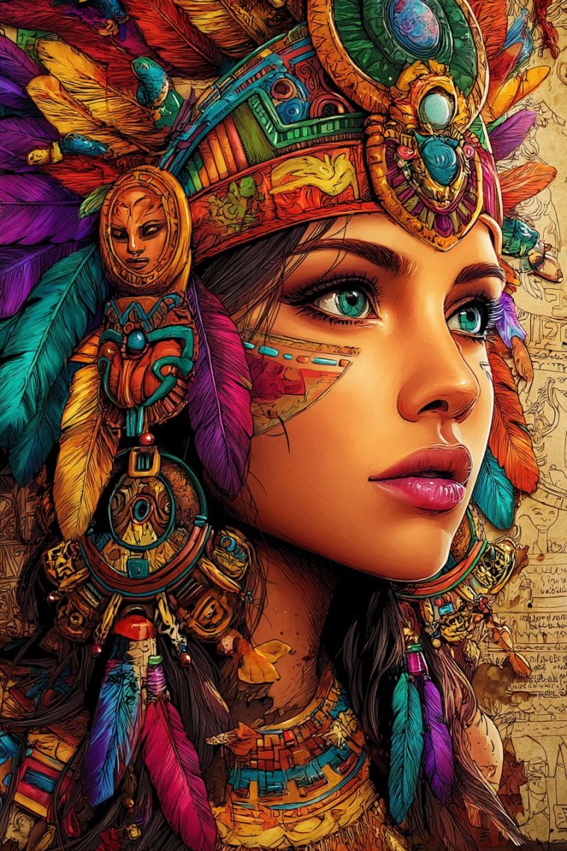 Woman headdress feathers jewelry ancient colorful earrings necklace hair fashion beauty culture tradition paint eye makeup woman with striking features, adorned in elaborate and colorful traditional attire. Her face is painted with intricate designs, including a bold red and blue pattern on her cheek. She wears a headdress that is richly decorated with feathers in various colors, including red, blue, and green. The headdress also has a large, ornate piece in the center, adorned with turquoise stones. Her hair is long and dark, with feathers and beads woven into it. The background is a mix of earthy tones and faded text, giving the impression of ancient scrolls or documents.