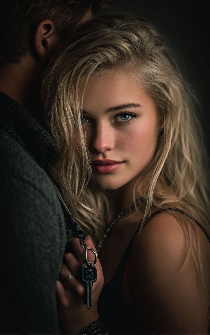 Couple love romance hand ring necklace lips eye ear finger jewelry fashion beauty A woman with long blonde hair is standing close to a man, both facing the camera. The woman is wearing a black sleeveless top and has a necklace with a pendant. She is holding a key in her hand, which is slightly raised. The man is wearing a gray jacket and has his arm around the woman's shoulder. The woman's face is illuminated by a light, while the man's face is in shadow.