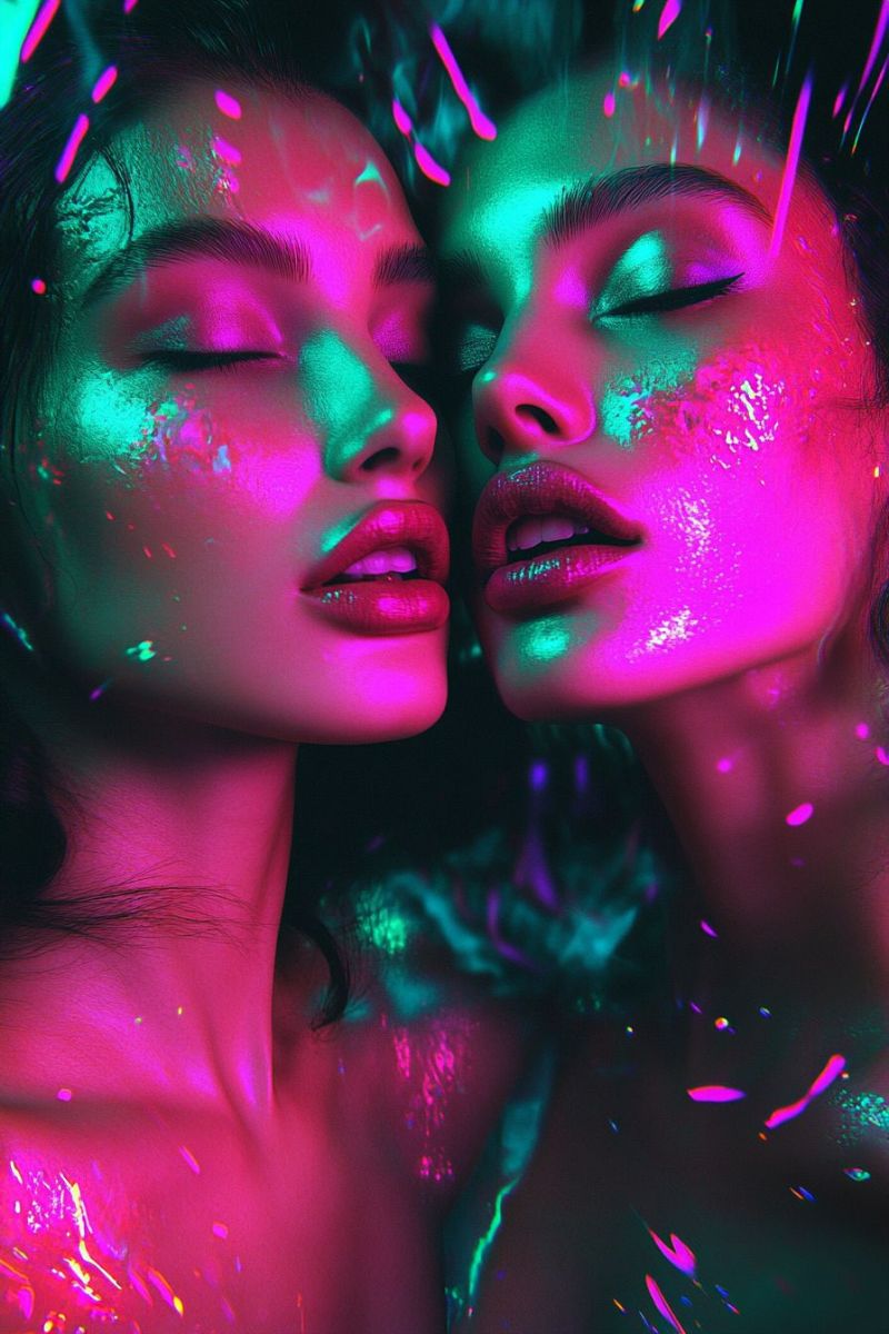 Glow makeup beauty fashion night nightlife club party event disco neon sparkle sparkles glitter Two women are standing close together, their faces illuminated by vibrant neon lights. Their eyes are closed, and their faces are covered in a mix of pink, green, and purple glitter. The woman on the left has her lips slightly parted, while the woman on the right has her lips closed. Their hair is wet, and there are water droplets on their faces. The background is dark, and there are streaks of light that seem to be coming from the top.