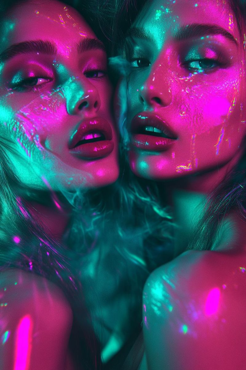 Woman glow reflection makeup eye lips skin hair beauty fashion night glamour Two women are standing close together, their faces illuminated by vibrant neon lights. Their skin glows with pink and green hues, and their eyes are accentuated with shimmering makeup. Their lips are painted in a bold red color, and their hair is styled in loose waves. The background is dark, with the neon lights creating a striking contrast against their skin.