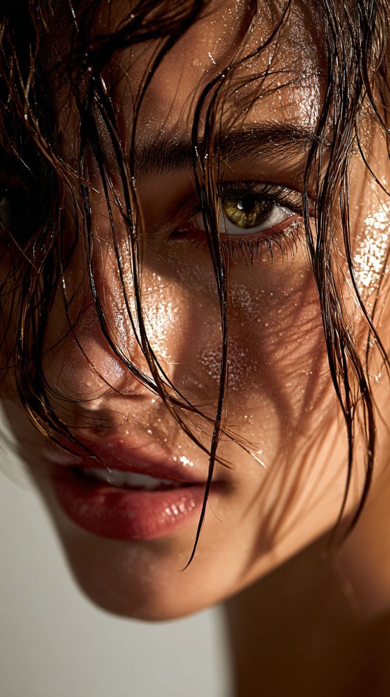 Humide eau oeil peau beaute reflet eclat humidite lueur Un gros plan du visage d'une femme aux cheveux mouillés et foncés. Ses yeux sont légèrement ouverts et ses lèvres légèrement entrouvertes, laissant apparaître ses dents. Elle a un grain de beauté sur sa joue droite. La lumière brille sur son visage, créant un effet brillant et lumineux. L'arrière-plan est flou et il semble faire une journée ensoleillée.