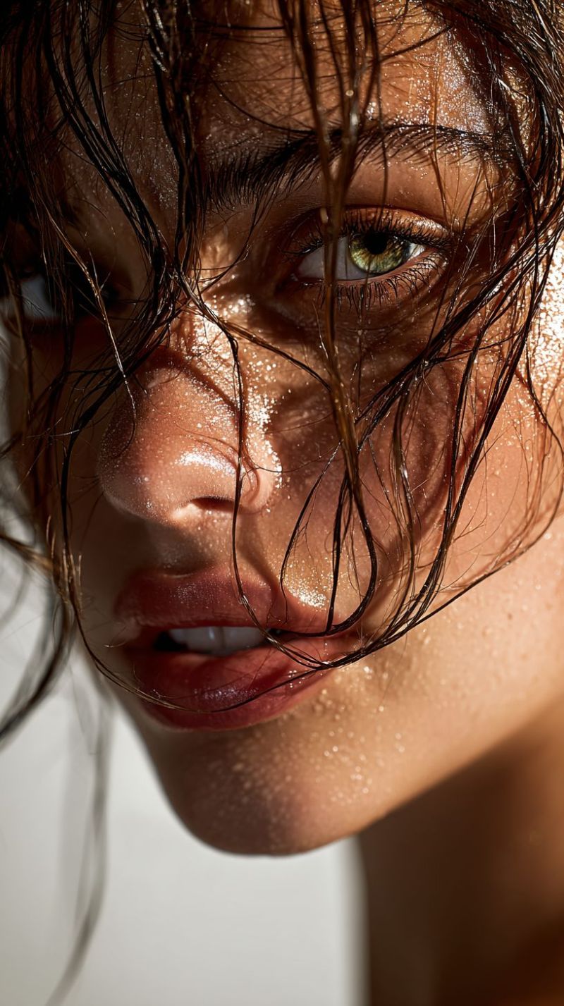 Wet water skin eye lips nose sunlight reflection glint moisture texture natural beauty shine freshness A close-up portrait of a woman with wet, dark hair framing her face. Her skin glistens with water droplets, and her eyes, which are slightly closed, have a hint of green. Her lips are slightly parted, revealing her teeth, and her cheeks are slightly flushed. The background is blurred, and the light seems to be coming from the right side, casting a soft glow on her face.