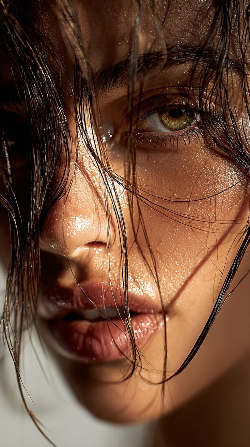 Wet water skin eye lips eyelash eyebrow moisture glint reflection droplet pore texture shine glimmer damp glisten A close-up of a woman's face with wet, dark hair framing her face. Her skin has a slight sheen, likely from water droplets, and her eyes are slightly open, revealing long, dark lashes. Her lips are slightly parted, and her cheeks have a natural flush. The background is blurred, focusing attention on her face.