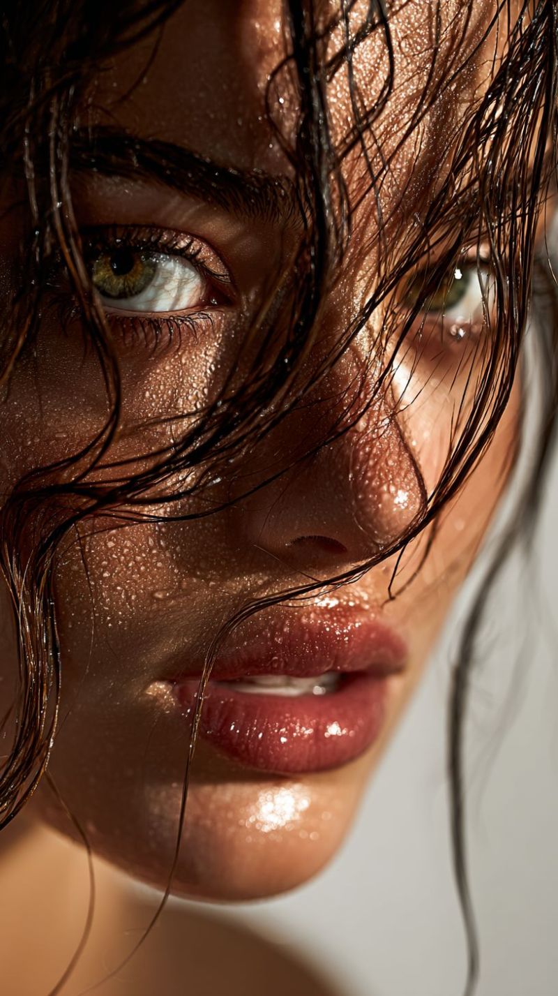 Visage mouille eau peau oeil Un portrait rapproché d'une femme aux cheveux mouillés et foncés légèrement en désordre avec des gouttes d'eau dessus. Son visage est illuminé par la lumière, mettant en valeur ses traits. Elle a des yeux bruns avec de longs cils et une touche de vert, et ses lèvres sont pleines et brillantes, avec une légère brillance due à l'eau. Sa peau semble lisse et légèrement brillante, et il y a des gouttes d'eau dispersées sur son visage, ajoutant un élément dynamique et frais à l'image.