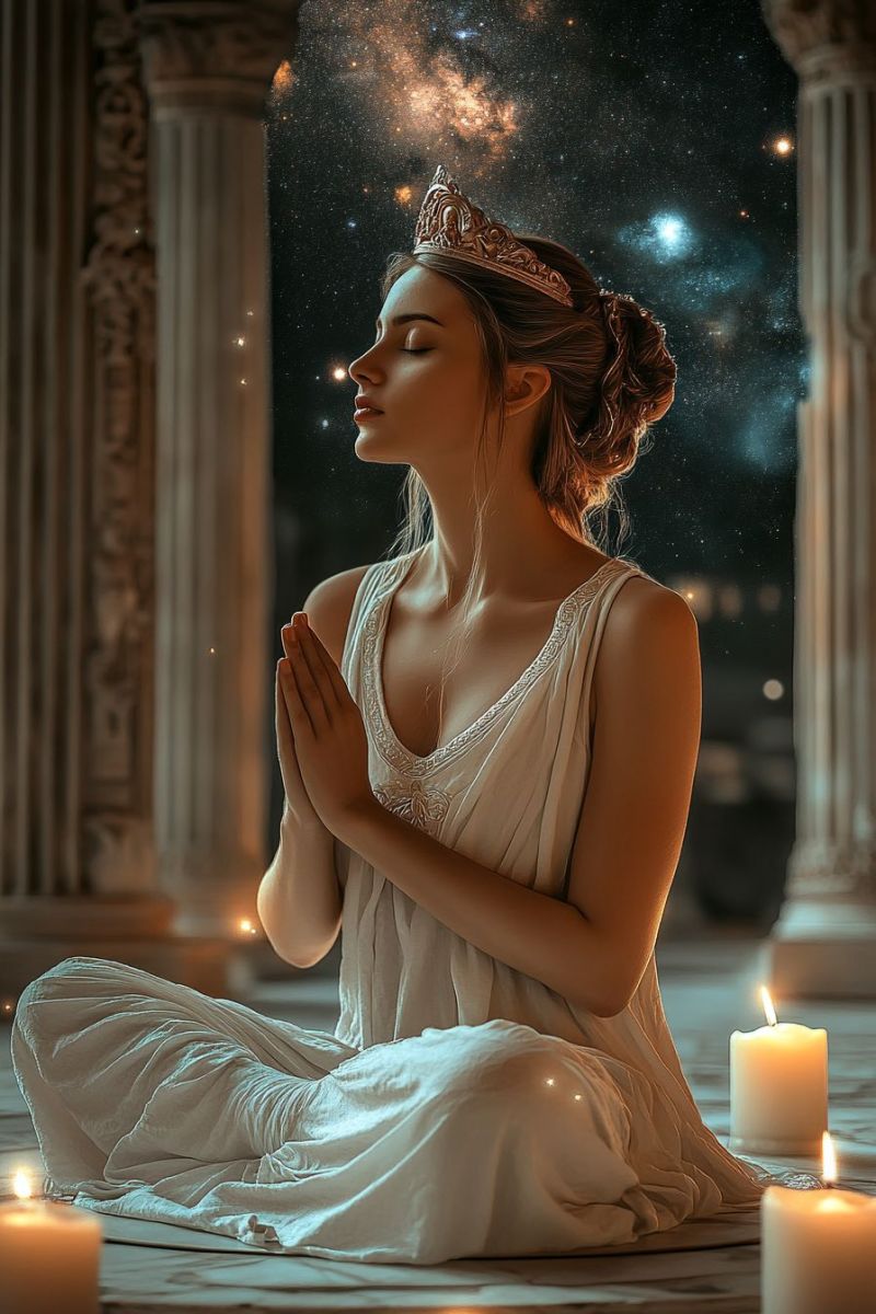 Woman crown candle meditation prayer night galaxy star temple architecture interior dark reflection sleep dream fantasy imagination inspiration A woman sits cross-legged on a tiled floor, wearing a flowing white dress and a golden crown. She has her eyes closed and appears to be in a meditative or prayerful pose. Her hands are clasped together in front of her chest. Behind her, there is a backdrop of a starry night sky with a galaxy visible, and two lit candles are placed on either side of her. The setting is framed by ornate, classical columns that add to the serene and mystical atmosphere.