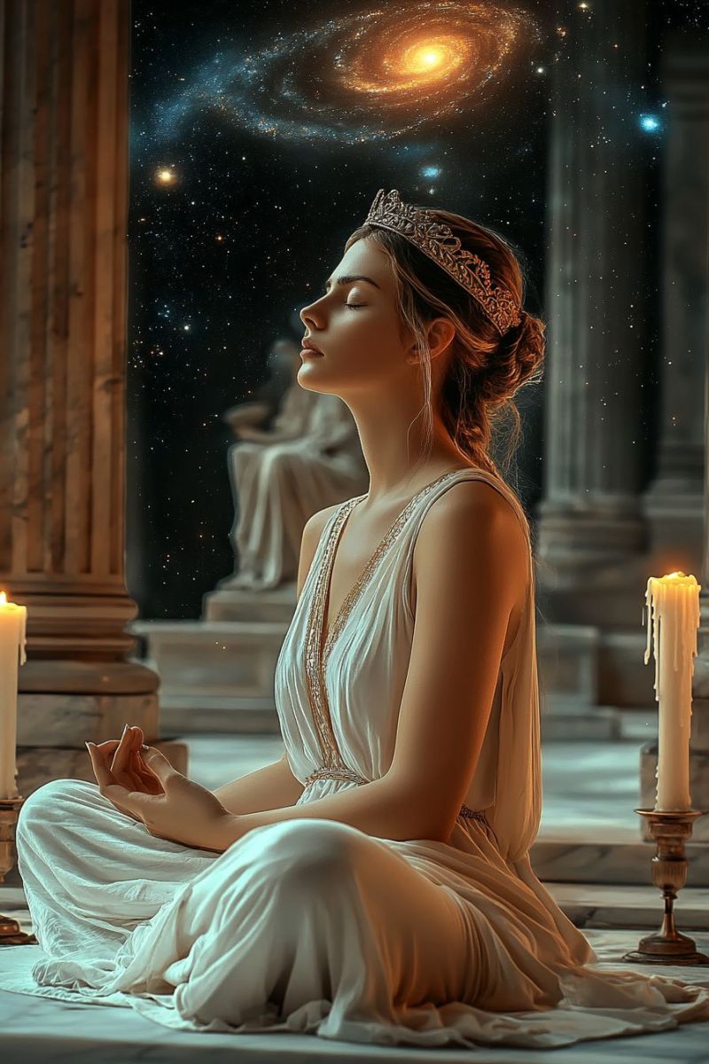 Woman crown galaxy candle meditation ancient statue temple night star universe dark space astronomy cosmic celestial mythology fantasy A woman sits cross-legged on a marble floor, wearing a white dress and a golden crown. She gazes upward, seemingly lost in thought. Behind her, a grand staircase leads to a statue of a seated figure. The backdrop features a stunning galaxy with swirling stars and a bright central core. Two candles, one on each side of the woman, cast a warm glow. The scene is set in a dimly lit room with a majestic, otherworldly atmosphere.