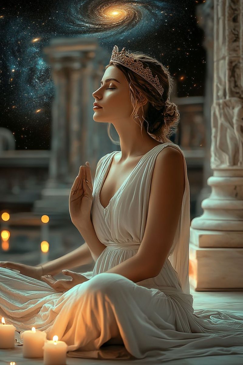Woman crown galaxy meditation candles ancient temple greece greek goddess mythology statue A woman sits cross-legged on a marble floor, wearing a white flowing dress and a golden crown. She gazes upward with her eyes closed, appearing to be in deep meditation or prayer. Her hands are clasped together in front of her. Behind her, there is a  of a galaxy with stars and a large, glowing galaxy in the center. To the left, there are three lit candles, casting a warm glow. The setting is serene and mystical, with a sense of tranquility and cosmic wonder.