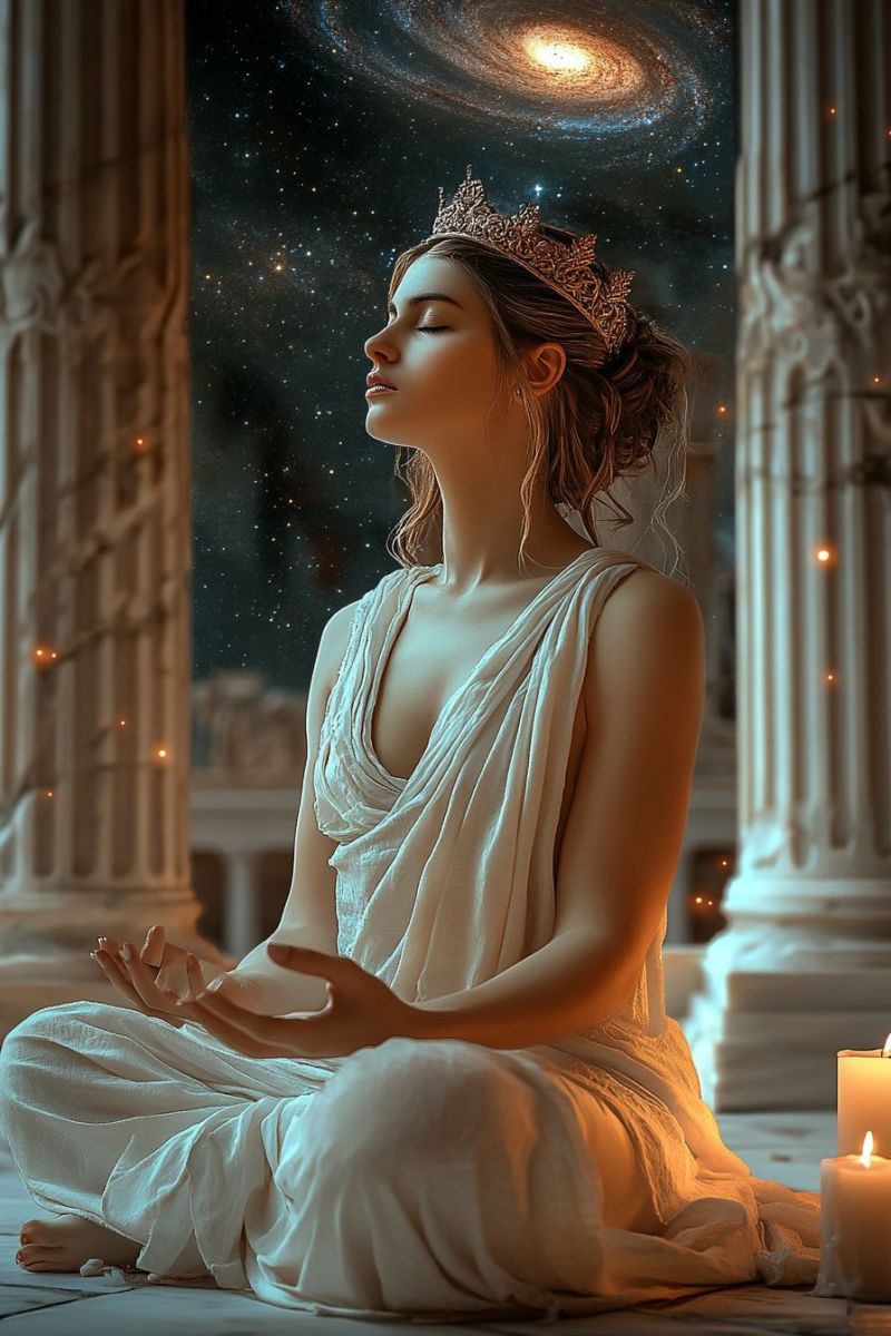 Woman crown galaxy meditation candle ancient temple classical starry sky architecture sculpture statue worship A woman sits cross-legged on a marble floor, wearing a flowing white dress and a golden crown. She gazes upward with her eyes closed, appearing to be in deep meditation or contemplation. Behind her, two large marble columns stand, and the space between them is illuminated by a soft, warm light. To her right, two candles are lit, casting a gentle glow. The background features a stunning cosmic scene with a galaxy, stars, and a bright central light, creating a mystical and serene atmosphere.