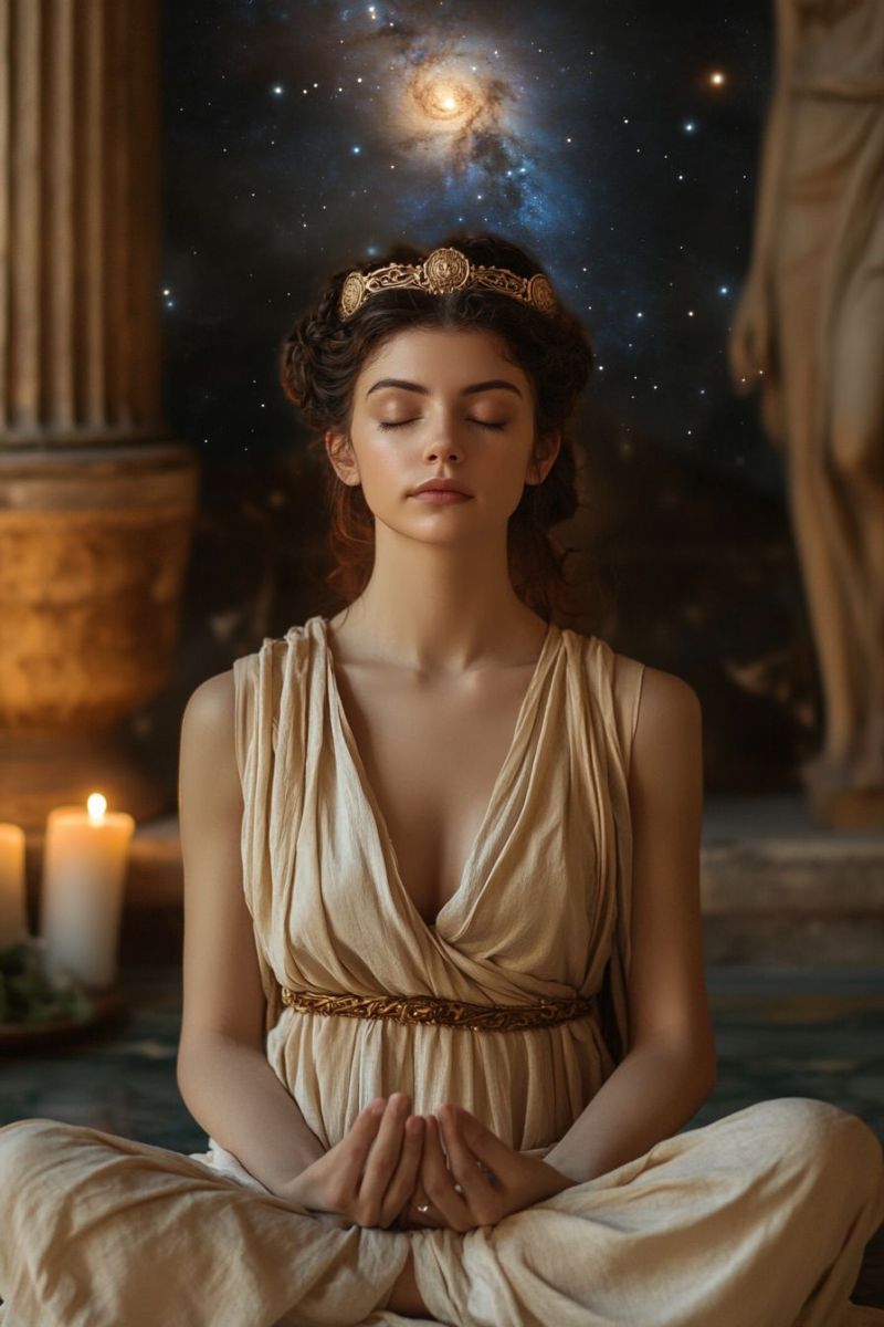 Meditation woman ancient statue candle galaxy crown greece greek A woman sits cross-legged on a floor, wearing a beige dress and a golden headband. She has her eyes closed, appearing to be in deep meditation. Behind her, there is a  of a galaxy with stars, and a statue of a person is partially visible. To her left, there are two lit candles on a small table, and to her right, there is a large column. The atmosphere is serene and contemplative.