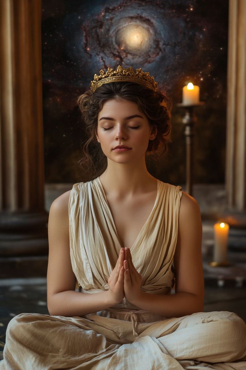 Woman meditation crown candle galaxy ancient greece greek goddess mythology culture history religion women A woman is sitting on the floor in a meditative pose, wearing a beige dress and a golden crown. Her hands are clasped together in front of her, and she has her eyes closed. Behind her, there is a large painting of a galaxy, and two candles are lit on either side of the painting. The woman's hair is styled in loose waves, and she appears to be in a state of deep relaxation.