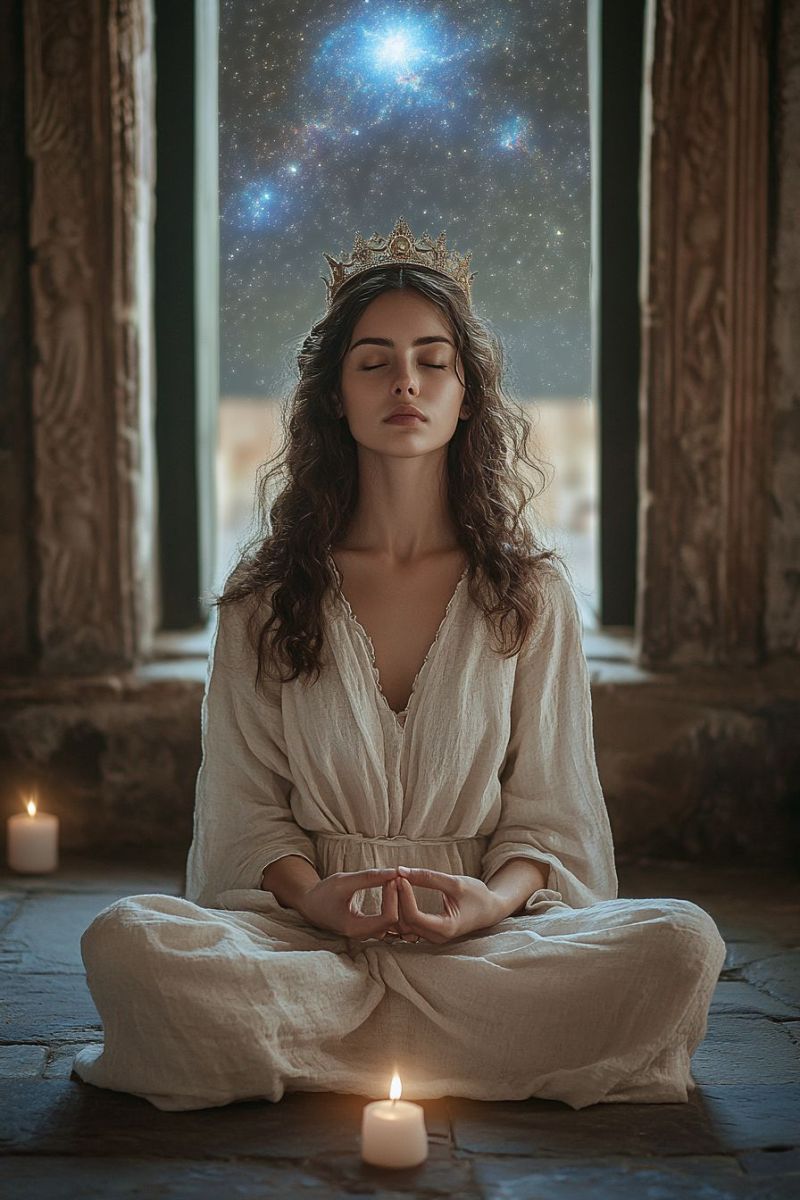 Meditation woman candle crown A woman sits cross-legged on a stone floor, wearing a flowing white robe and a golden crown. She has her eyes closed, appearing to be in deep meditation. In front of her, there is a lit candle, and to her left, another candle is burning. Behind her, a window with ornate wooden frames reveals a night sky filled with stars and galaxies. The scene is dimly lit, creating a serene and mystical atmosphere.