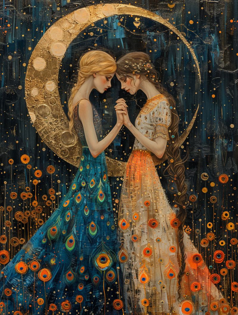 Fantaisie Deux femmes se tiennent proches l'une de l'autre sous un grand croissant de lune dorée. La femme sur la gauche porte une robe bleue ornée de motifs de plumes de paon, tandis que la femme sur la droite porte une robe orange avec des motifs de plumes similaires. Leurs mains sont jointes et elles se regardent avec des expressions douces. Le fond est d'un bleu profond avec des cercles dorés et orange dispersés, ressemblant à des étoiles ou des lunes. La scène se déroule sur un fond de fleurs orange et rouges, ajoutant une touche de couleur vibrante à l'atmosphère mystique.