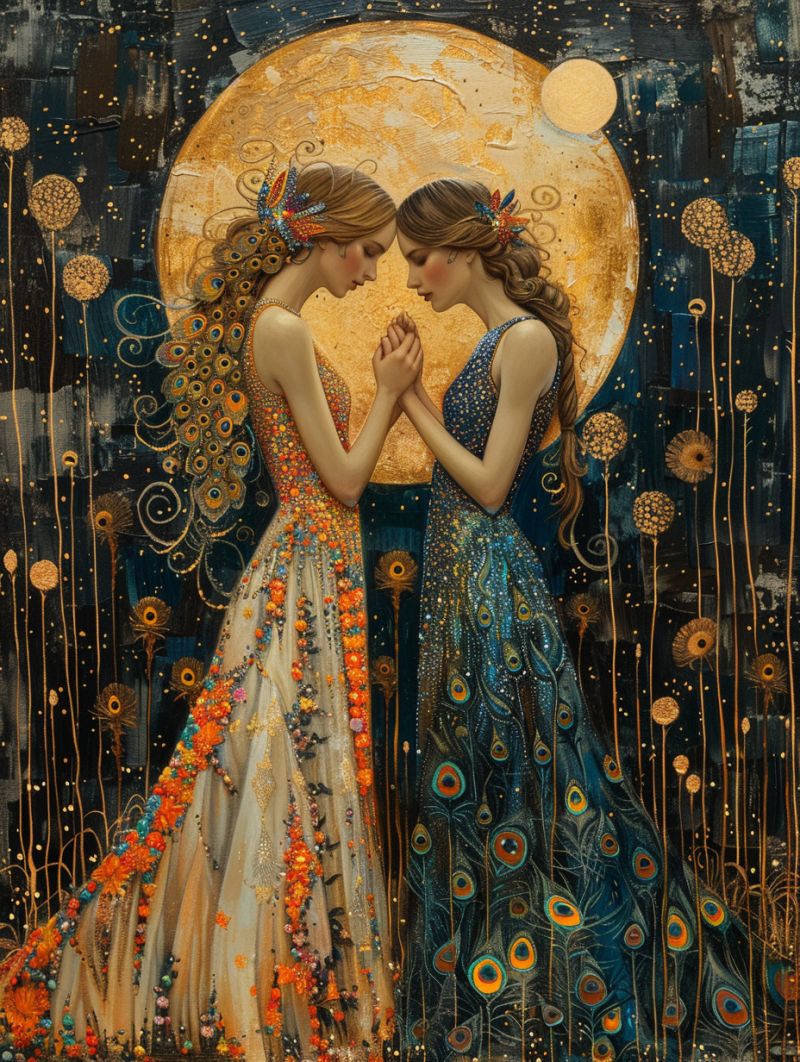 Fantaisie design Deux femmes se tiennent proches l'une de l'autre, leurs mains jointes. La femme sur la gauche porte une robe ornée de fleurs colorées et de plumes de paon, tandis que la femme sur la droite porte une robe avec des plumes de paon et une teinte bleue. Elles sont entourées d'un fond de teintes dorées et bleues, avec un grand cercle doré au centre, ressemblant à une lune. Le fond est rempli de fleurs dorées et bleues, ajoutant à l'atmosphère mystique et enchanteresse de la peinture.